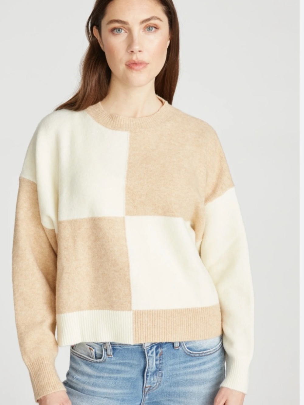 Chelsea & Theodore Cream and Tan Checkerboard Crewneck Sweater